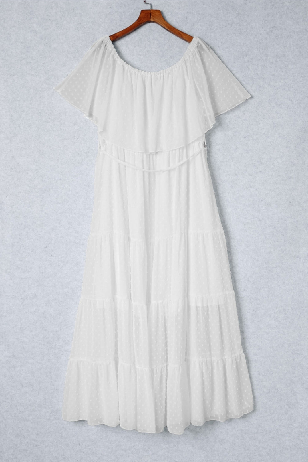Dress - maxi ruffle Swiss dot with off the shoulder neckline