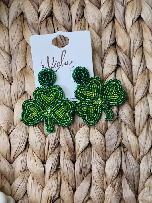 Earrings - Green Clover Seed Bead Dangle