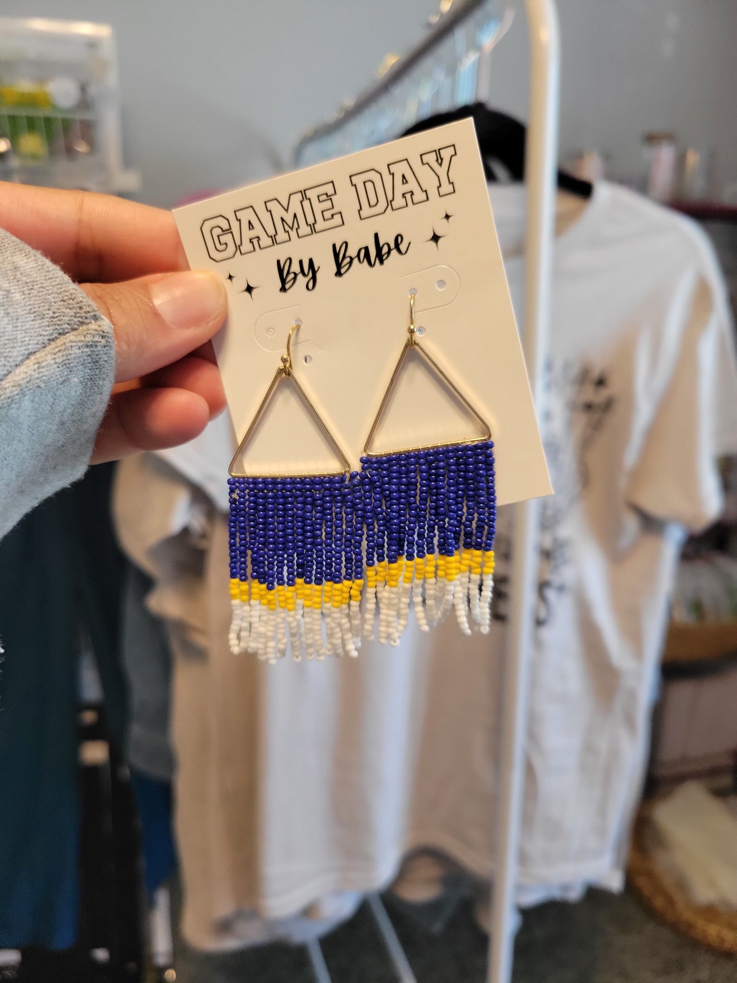 Earring - game day beaded dangle blue and gold