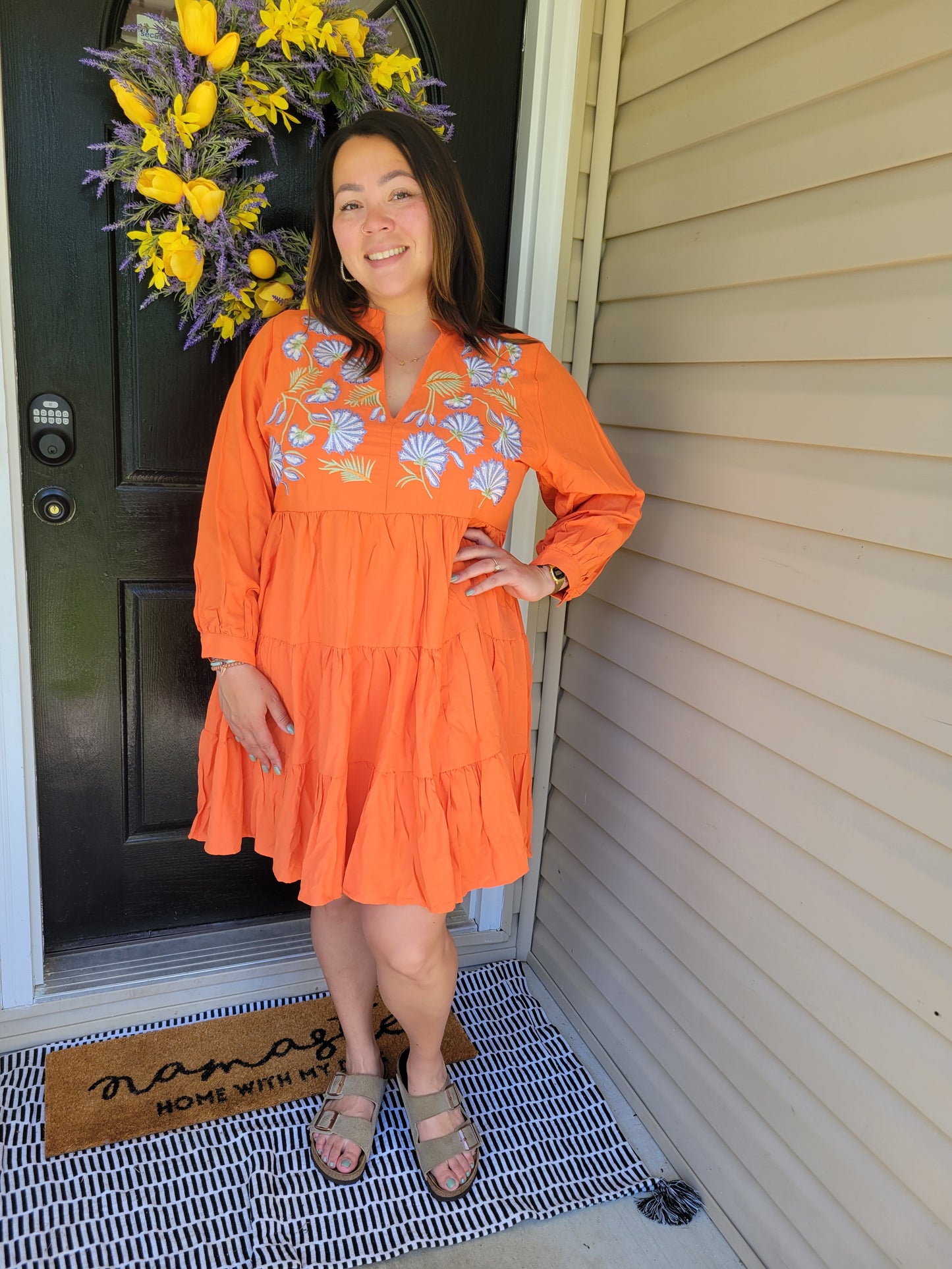 Dress - Orange tiered with beachy floral embroidery