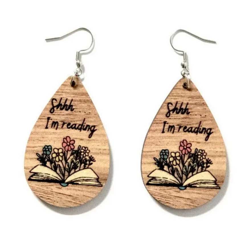 Earring -  Wooden Shh I'm Reading Teardrop Shape