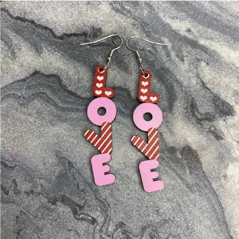 Wooden Earrings - Vertical LOVE Letters