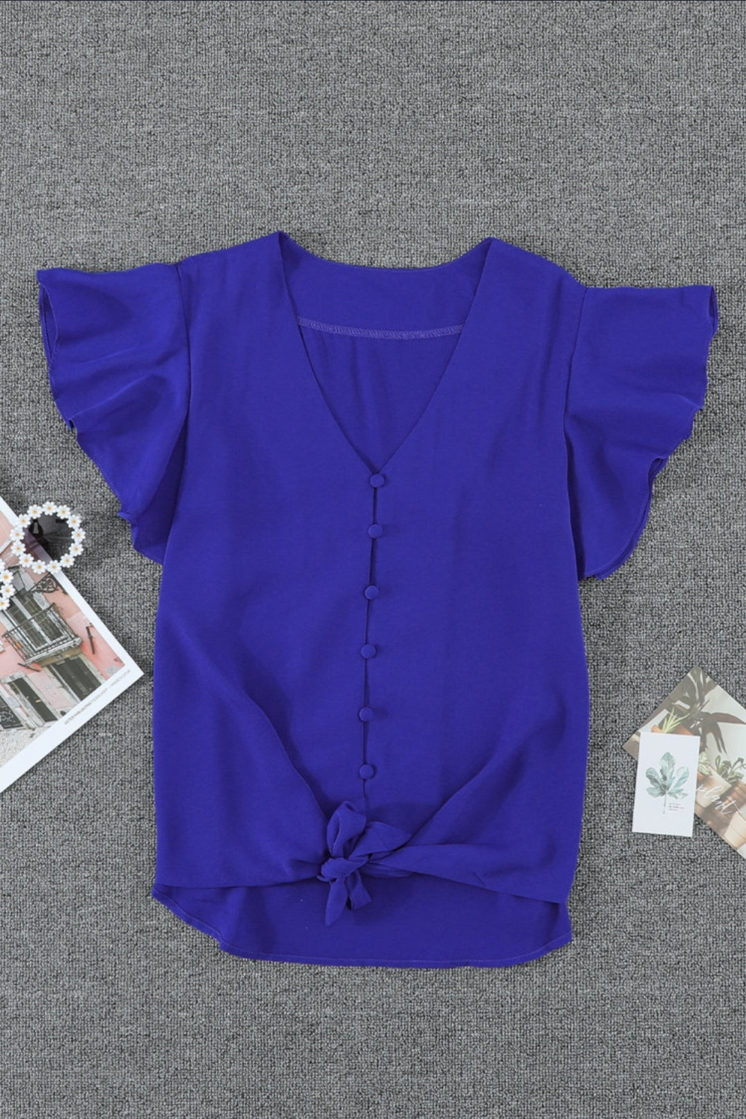 Blouse - royal blue flutter sleeve