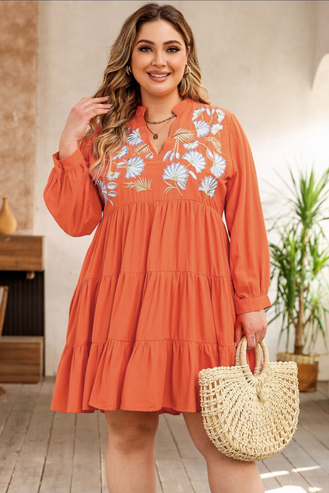 Dress - Orange tiered with beachy floral embroidery