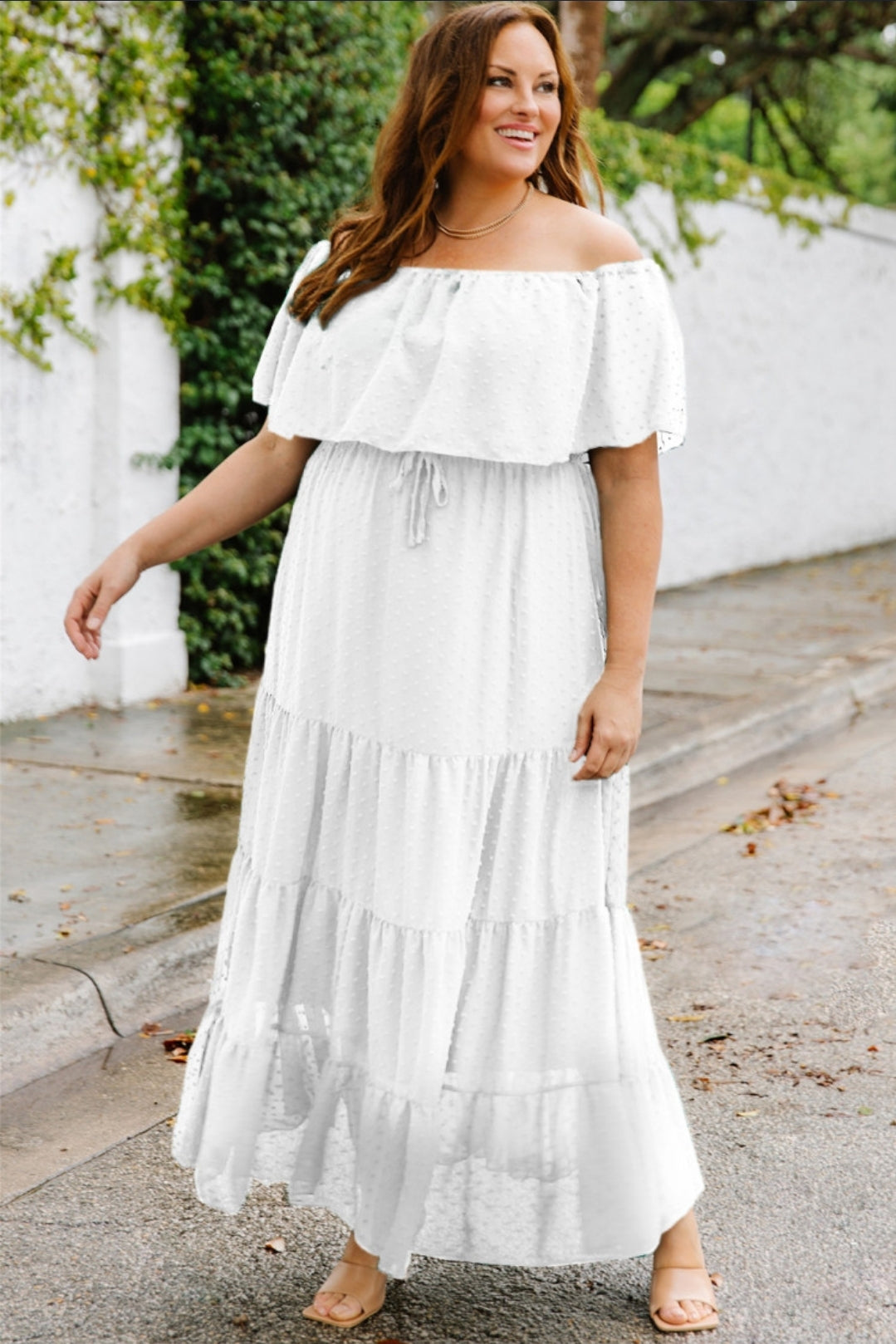 Dress - maxi ruffle Swiss dot with off the shoulder neckline