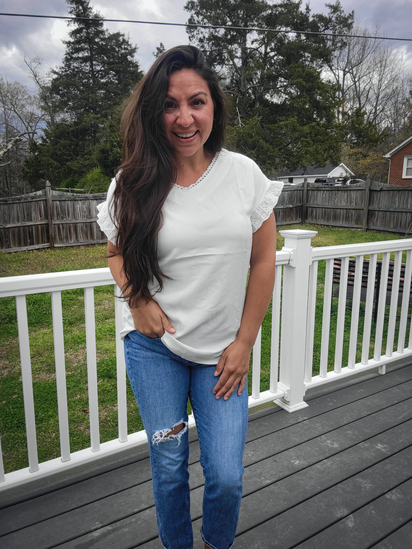 White lace trim ruffle sleeve blouse