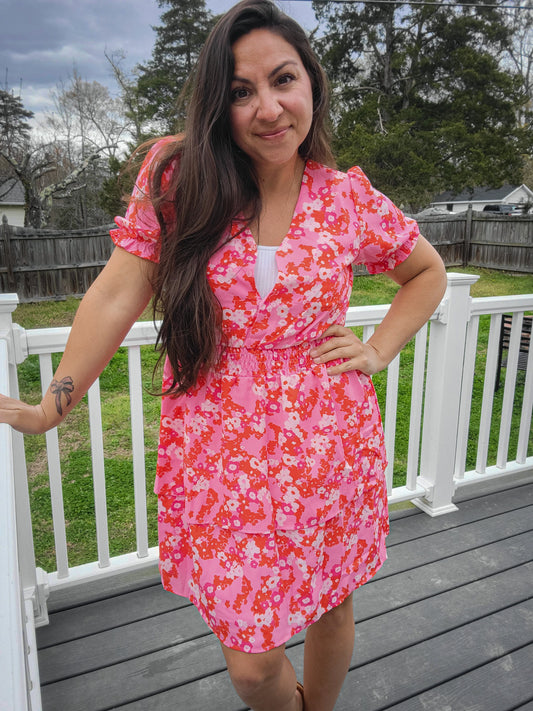 Pink flower ruffle dress