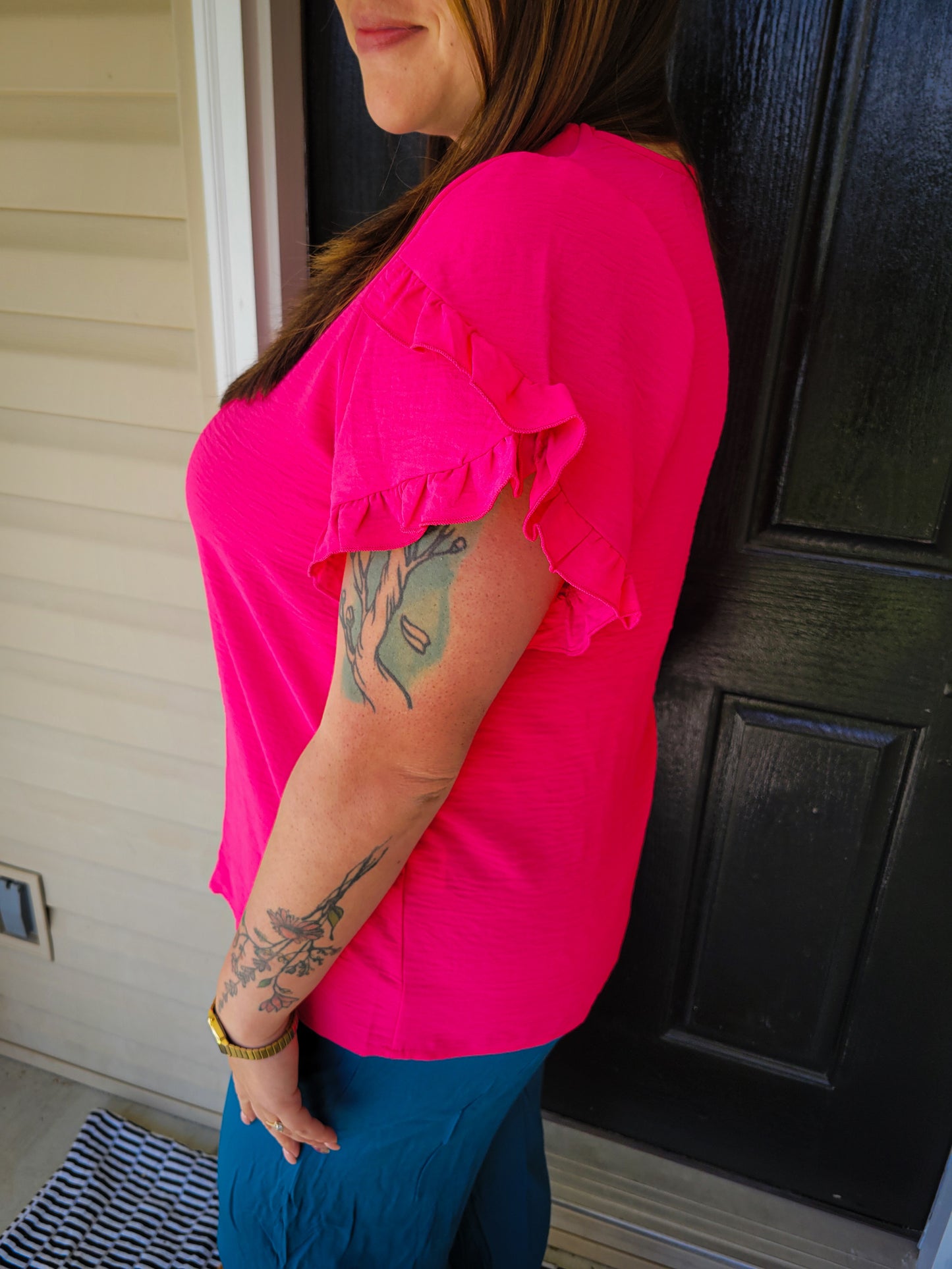 Hot pink ruffle sleeve blouse