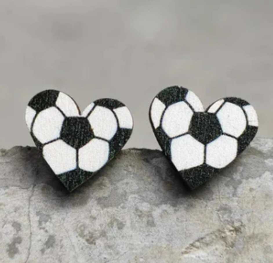 Wooden Stud Earring - Soccer Heart